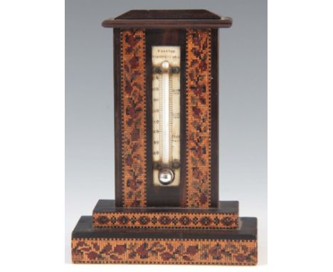 A LATE 19th CENTURY TUNBRIDGE WARE THERMOMETER SIGNED 'T BARTON, TUNBRIDGE WELLS'  the coromandel case with chamfered top abo