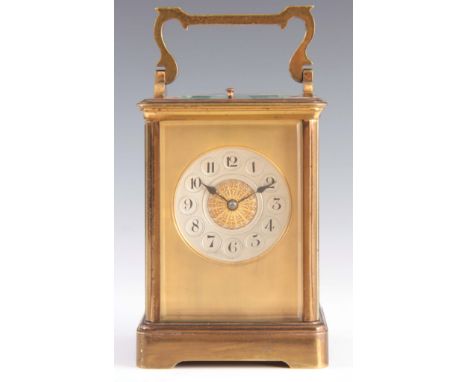 RICHARD &amp; CO, PARIS. A LATE 19th CENTURY FRENCH CORNICHE CASE REPEATING CARRIAGE CLOCK the brass case having bevelled gla