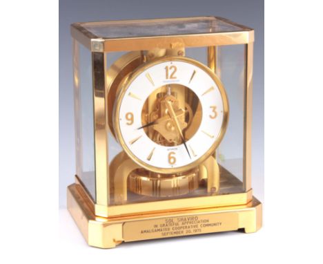 JAEGER-LECOULTRE. A 20th CENTURY SWISS ATMOS CLOCK the gilt brass case with canted corners inset with five glass panels enclo