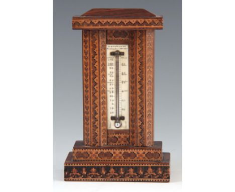 A LATE 19th CENTURY TUNBRIDGE WARE THERMOMETER SIGNED 'H. HOLLAMBY, TUNBRIDGE WELLS' the rosewood case having a chamfered top