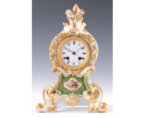 AUBERT &amp; KLAFTENBERGER, PARIS. A MID 19TH CENTURY FRENCH PORCELAIN MANTEL CLOCK the Rococo style case with green ground, 