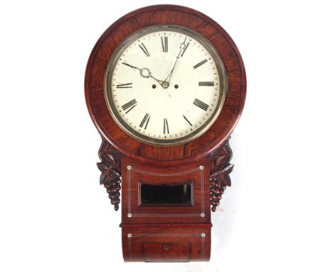 A MID 19th CENTURY ROSEWOOD DOUBLE FUSEE DROP DIAL WALL CLOCK the case with inlaid mother-of-pearl decoration and carved grap