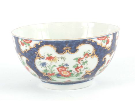 A good First Period Blue scale Polychrome Worcester BOWL&nbsp;with finely painted scrolled gilt edged floral and landscape pa