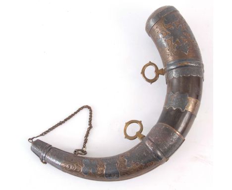 AN EARLY 19th CENTURY PERSIAN HORN AND MIXED METAL POWDER FLASK having relief and engraved decoration 32cm wide 