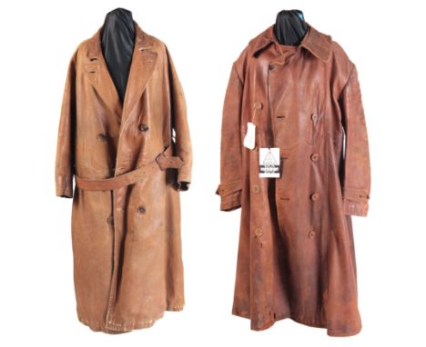 TWO VINTAGE TAN LEATHER MOTORING LONG COATS  