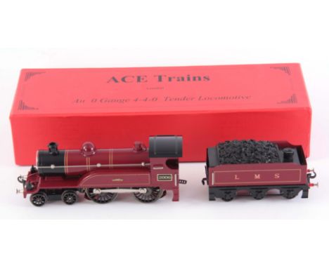 AN ACE TRAINS O GAUGE 4-4-0 TENDER LOCOMOTIVE  in its original box, tender with initials L.M.S, box measures 46cm overall