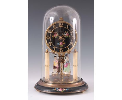 A GERMAN 400 DAY MANTEL CLOCK SIGNED KEIN having a 4" black floral dial with gilt Arabic numerals fronting a spring driven 40