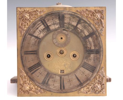 WILLIAM WRIGHT, LONDON. A LATE 17th CENTURY LONGCASE CLOCK MOVEMENT having an 11" square brass dial with winged cherub head s