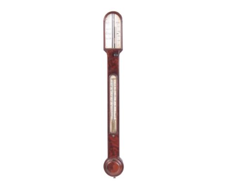 A 19th CENTURY FIGURED MAHOGANY STICK BAROMETER SIGNED ADAM THOMSON, LONDON with calibrated bone barometer scale and thermome