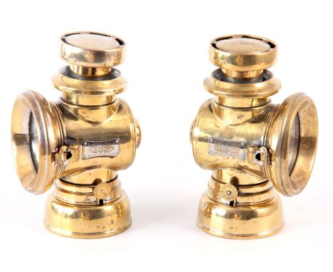 A PAIR OF BRASS LUCAS 141 'KING OF THE ROAD' OIL SIDE LAMPS 22cm high