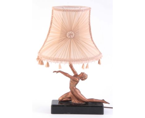 AN ART DECO FIGURAL TABLE LAMP on marble base 37cm high not including shade 33cm wide