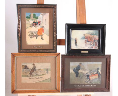 FOUR VINTAGE PRINTS OF VINTAGE CARS AND BICYCLES mounted in glazed frames  