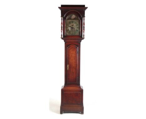 THOMAS HARTLEY, SNAITH A MID 18TH CENTURY OAK AND WALNUT CROSS-BANDED 8-DAY LONGCASE CLOCK with 12" brass arched dial having 