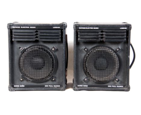 A PAIR OF VINTAGE WEM SPEAKERS, Watkins Electric Music, circa 1980 songbird 200 full range speakers, 44cm high, 37cm wide, 26