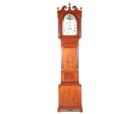 G. STOCKTON, SOUTH HARTLEY. A GEORGE III INLAID OAK AND MAHOGANY PAINTED DIAL 8-DAY LONGCASE CLOCK WITH ROCKING SHIP AUTOMATI