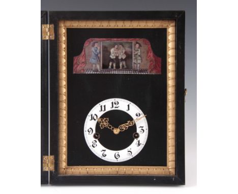 AN UNUSUAL AUTOMATION WALL CLOCK with ebonized glazed case enclosing an Arabic chapter ring below a painted aperture depictin