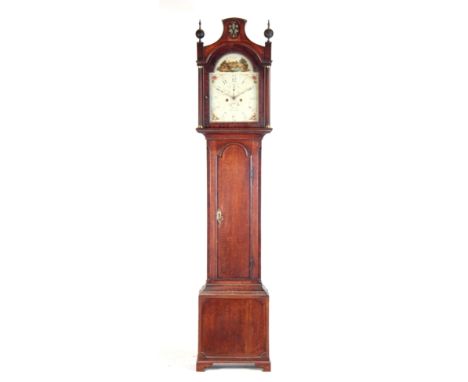 BROW, BEVERLEY. A LATE GEORGE III OAK CASED LONGCASE CLOCK having a pagoda top and canted mahogany veneered corners enclosing