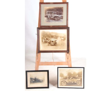 FOUR EARLY 20th CENTURY PHOTOGRAPHS AND PHOTOGRAPHIC PRINTS OF A VINTAGE CARS largest measures 30cm high, 40cm wide  - mounte