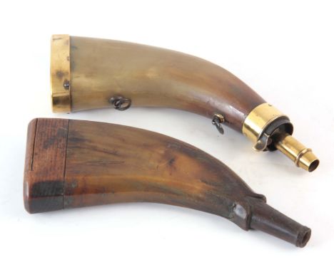 A 19th CENTURY HORN AND BRASS MOUNTED POWDER FLASK with sprung powder loader, together with A HORN AND OAK POWDER FLASK (2)