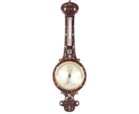 CARTWRIGHT &amp; SON, PRESTON. A MID 19th CENTURY MOTHER OF PEARL AND BRASS INLAID ROSEWOOD WHEEL BAROMETER having foliate in