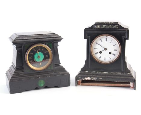 TWO LATE 19TH CENTURY SLATE AND MARBLE MANTEL CLOCKS with enamel dials fronting 8-day spring driven movements 26cm high and s