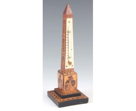 A LATE 19th CENTURY TUNBRIDGE WARE OBELISK THERMOMETER having an ivorine calibrated thermometer on a plinth base 20cm high