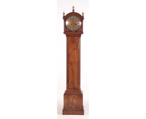 AN EARLY 20th CENTURY MAHOGANY CASED GRANDAUGHTER CLOCK SIGNED ELLIOTT, LONDON with arched top hood and reeded quarter column