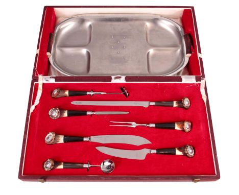 A COMPREHENSIVE SILVER PLATED CASED COUNTRY HOUSE CARVING SET BY LEPPINGTON (CUTLERY'S) LTD SHEFFIELD comprising knives, stee