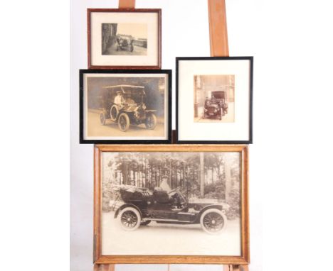 FOUR EARLY 20th CENTURY PHOTOGRAPHS AND PHOTOGRAPHIC PRINTS OF A VINTAGE CARS largest measures 37cm high, 50cm wide  - mounte