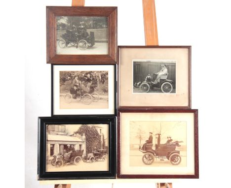 FIVE EARLY 20th CENTURY PHOTOGRAPHS AND PHOTOGRAPHIC PRINTS OF A VINTAGE CARS largest measures 22cm high, 29cm wide  - mounte