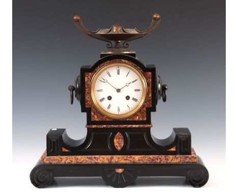 A 19TH CENTURY FRENCH BLACK SLATE AND MARBLE MANTEL CLOCK with enamel painted dial fronting a spring driven 8-day movement, h