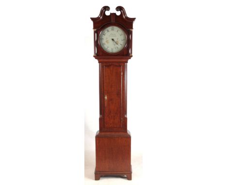 JAMES FLETCHER, ROTHERHAM. A GEORGE III OAK CASED LONGCASE CLOCK having a swan neck pediment and reeded quarter columns enclo