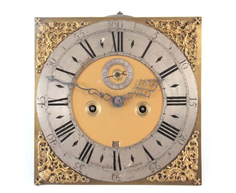 AN EARLY 18th CENTURY LONGCASE CLOCK MOVEMENT SIGNED MARKWICK, LONDON, the brass 11.5" square dial with silvered engraved cha