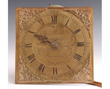 THOMAS BRATTLE, BRENCHLEY. A GEORGE III 30 HOUR LONGCASE CLOCK MOVEMENT having a 10.25" square brass dial with scroll engrave