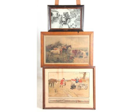 THREE VINTAGE COLOURED CAR PRINTS largest measuring 46cm high, 60cm wide