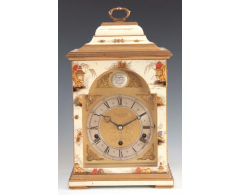 ELLIOTT, LONDON. A MID 20th CENTURY CREAM CHINOISERIE QUARTER CHIMING BRACKET CLOCK the case decorated with oriental figures 