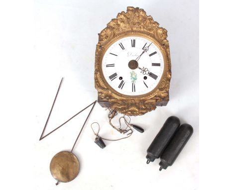 A 19TH CENTURY CONTOISE FRENCH WALL CLOCK with pressed brass surround, enamel convex dial with Roman numerals and signed Ducl