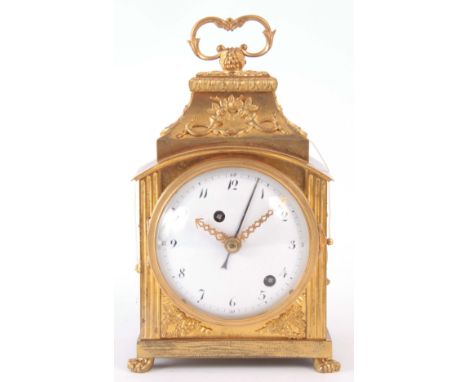 AN 18th CENTURY SWISS PENDULE D'OFFICIERS CARRIAGE CLOCK the ormolu case with applied mounts surmounted by a serpent handle e