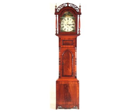 B. KUSS SUNWERFORD A 19TH CENTURY FLAMES MAHOGANY LONGCASE CLOCK with painted arched dial fronting an eight-day weight driven