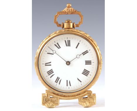 A LATE 19th CENTURY FRENCH BRASS MANTEL CLOCK having a drum shaped case supported on four feet enclosing a 3.5" porcelain Rom