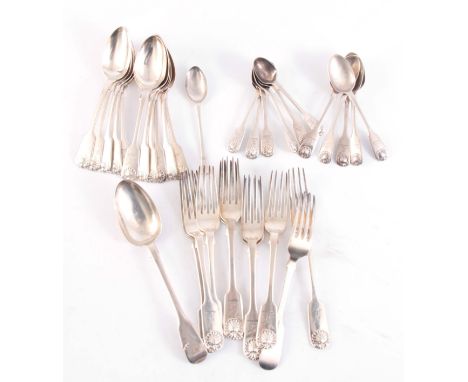 A COLLECTION MID VICTORIAN SILVER FLATWARE of fiddle and shell pattern with matching Chester hallmarks 11 spoons, 10 forks, 6