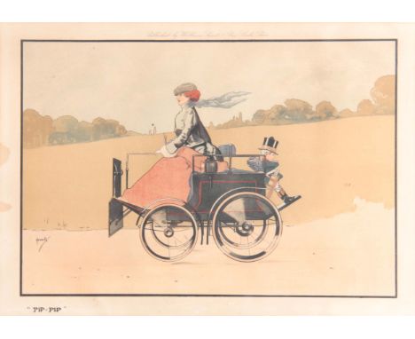 AN EARLY 20TH CENTURY MOTORING PRINT, of a lady driving a vintage car with a cherub dressed as a footman on the back, titled 