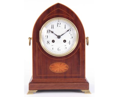 A LATE 19th CENTURY FRENCH MAHOGANY MANTEL CLOCK with inlaid decoration and porcelain dial fronting an eight-day spring drive