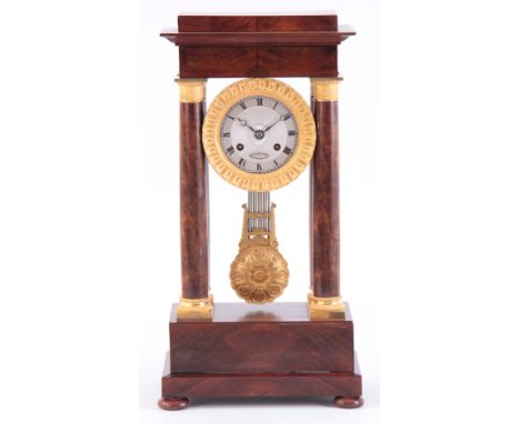 A MID 19th CENTURY FRENCH MAHOGANY PORTICO CLOCK with silvered dial and eight-day movement  46cm high 