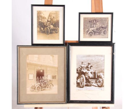 FOUR EARLY 20th CENTURY PHOTOGRAPHS AND PHOTOGRAPHIC PRINTS OF A VINTAGE CARS largest measures 27.5cm high, 22cm wide  - moun