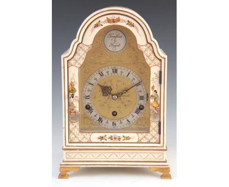 A MID 20th CENTURY CREAM CHINOISERIE QUARTER CHIMING BRACKET CLOCK the case decorated with oriental figures and village scene