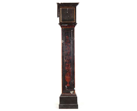 AN EARLY 18th CENTURY SLIM LACQUERED LONGCASE CLOCK CASE for a  10" dial  202cm high