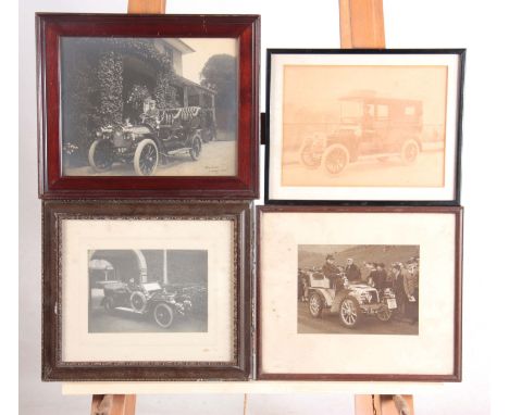 FOUR EARLY 20th CENTURY PHOTOGRAPHS AND PHOTOGRAPHIC PRINTS OF A VINTAGE CARS largest measures 23.5cm high, 30cm wide  - moun