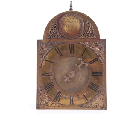 AN EARLY 18th CENTURY LANTERN CLOCK SIGNED CHARLES HARVEY, LONDON, having a 9" brass arched dial with engraved chapter ring a