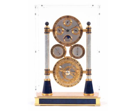 HOUR LAVIGNE  a PARIS   AN UNUSUAL QUARTZ ASTROLABIUM MULTI-DIAL MANTEL CLOCK having two hexagonal pillars supporting a 4.5" 